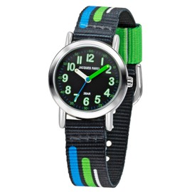 JACQUES FAREL KPS 403 Children's Analogue Quartz Watch with Fabric Strap Black Blue Green, Green, Strap.