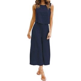 ROYLAMP Women's Summer 2 Piece Outfits Round Neck Crop Basic Top Cropped Wide Leg Pants Set Jumpsuits Navy Blue S