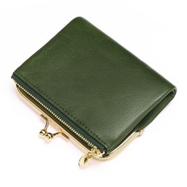 FALAN MULE Small Compact Purse for Women, Made of Genuine Leather, with Zip and Kiss Lock, RFID Blocking of Bifold Leather Wallets with Multiple Card Slots and Spacious Compartment, Green, Minimalist