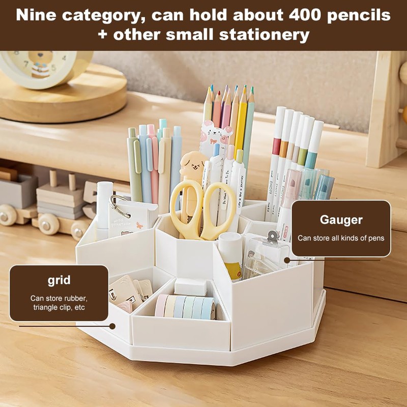 Lvjkes Rotating Pen Holder, 9 Compartments, Large Capacity Desk Organiser,