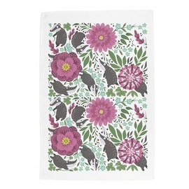 Purely Home Floral Badgers Tea Towel - Large Mauve Flowers & Foliage Wildlife Panama Cotton Kitchen Dish Towel/Drying Cloth - 67cm x 45cm