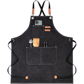 Fenglin-joy Work Apron for Men and Women, BBQ Apron Extended Canvas Apron Cooking Apron Adjustable Strap Chef Apron with Pockets for Home Kitchen Coffee Garden Craft Workshop, black