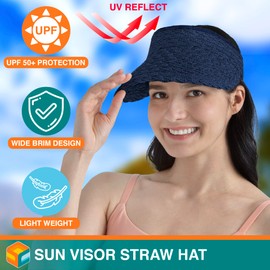 SUN CUBE - Sombrero de visera para mujer, sombrero de playa de paja con ala ancha, protección UV, gorra plegable plegable, visera enrollable de verano para cola de caballo, marino, Talla única