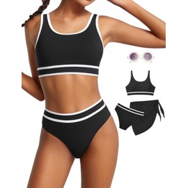 Teen Girls Swimsuit High Waist Sporty Bikini Bathing Suits with Cover Up Skirt and Sunglasses 4 Piece Set 8-15 Years (US, Age, 12 Years, 13 Years, Black)