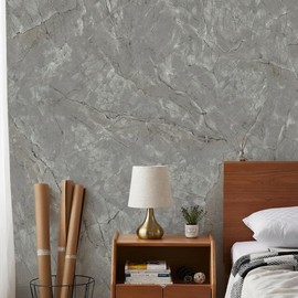 Bumoo 16"x118" Gray Limewash Wallpaper Peel and Stick Contact Paper Modern Dark Grey Glossy Marble Vinyl Waterproof Self-Adhesive Removable Faux Concrete PVC for Kitchen Countertop Living Room Gym
