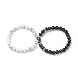 Hemasa 2Pcs Natural Black Agate And Howlite Beaded Stretch Bracelets Set