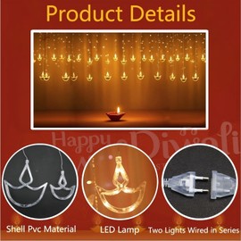 jiaozhen Diwali Diya Curtain Lights, 12 Hanging LED Diyas with Warm White Glow, Plug in String Lights with 8 Modes, Happy Diwali Festival Decoration for Indoor Outdoor Window Wall Home Party