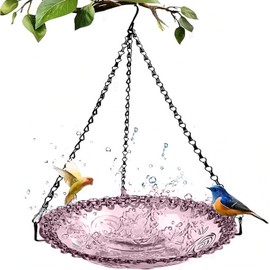 Flower Shaped Hanging Bird Bath Bowl with Metal Chain, 1Pc Round Hanging Bird Feeder and Birdbath, Round Bird Flower Shaped Bird Feeder and Bath Bowl with Chain, Purple