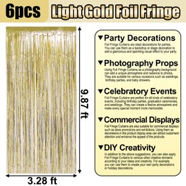 6 Pack Light Gold Foil Fringe Curtain Backdrop, 3.28Ft x 9.8Ft Metallic Tinsel Foil Fringe Streamer Curtains for Photo Booth, Christmas Day, Thanksgiving, Wedding, New Year Party Decorations