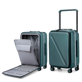 MILADA Wide Handle Luggage with Front Pocket Hardshell Aluminium Check In Suitcase with Wheels Medium 24 Inch Front Opening Checked Luggage with Spinner Wheels TSA Approved Luggage, Blackish Green