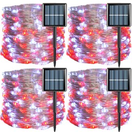 QITONG 4 Pack Red and White Solar Fairy Lights, Each 33ft 100 LED Solar Christmas Lights, 8 Modes Silver Wire Solar String Lights