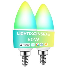 Lightinginside Matter-Enabled E12 Smart Light Bulbs 60W Equivalent, Candelabra Light Bulbs Compatible with Alexa/Apple Home/Google Home/SmartThings, RGBCW, 2.4G WiFi, ETL Listed, Hub Required, 2PCS