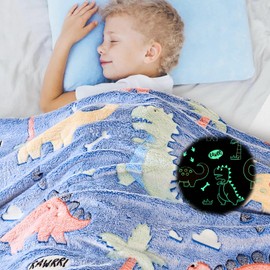 Wajade Glow in The Dark Dinosaur Blanket for Boys, Blue Dinosaur Wild Park Jungle Soft Plush Fleece Throw Blanket for Birthday Gifts for Kids Boys Teen 50"x60"