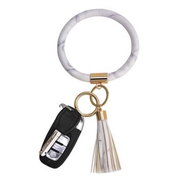 Coolcos Key Ring Bracelets Wristlet Keychain Bangle Keyring - Large Circle Leather Tassel Bracelet Holder For Women Gift(Marble White)
