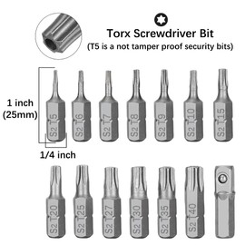 Saipe 14pcs T5 - T40 Torx Screwdriver Bit Set with 1/4-inch Hex Shank, Torx Tamper Proof Security Bits S2 Steel Star Bits Assortment Six Points Drive Bit with Quick Release Slot (25mm Length)