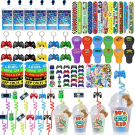 FINDRICH 159 Pcs Video Game Party Favors, Gamer Gaming Party Favors - Drinking Straws Cups Slap Bracelets Keychains Gift Tags Stamps Stickers VIP Passes for Game On Birthday Parties Favor Supplies