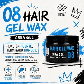 Luxa Hair Gel Wax 08 - Cera Gel para Cabello de Alta Fijación y Acabado Húmedo, 250g | Brillo Pulido y Control Total sin Residuos | Aroma Fresco Energético | Calidad de Barbería Profesional Mexicana