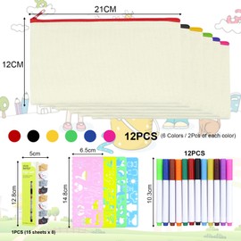 FINEASY Pack of 12 DIY Fabric Pencil Cases, Fabric Bag Zip, Bags for Painting for Children with 12 Coloured Pens and 4 Pieces Painting Mould for Crafts, Storage, Children's Birthday Parties,