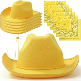 6 Sets Adult Cowboy Hat for Women and Men Western Cowgirl Hats with Adjustable Drawstring and Cowboy Party Paisley Bandana(Yellow)