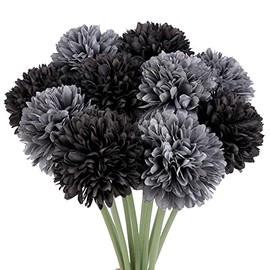 Louiesya Artificial Flowers, 10Pcs Fake Flowers Silk Artificial Chrysanthemum Ball Hydrangea Bridal Wedding Bouquet for Home Garden Party Wedding Decor (Black,Grey, 10 Pcs)