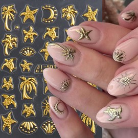 Golden Summer Nail Art Stickers Palm Tree Starfish 5D Embossed Nail Decals 2PCS Turtle Sun Moon Self-Adhesive Summer Nails Design Manicure Stickers Accessories for Women DIY Nail Art Decorations