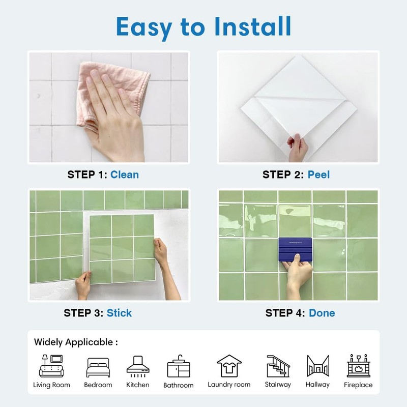 COMSTICKC Thicker Green Peel and Stick Backsplash,10 Pcs of 12''x12'',
