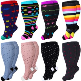 Croknit 8 Pairs Plus Size Compression Socks for Women Men Wide Calf Extra Large Size Knee Support Socks for Circulation (Cute Style,3x-large)