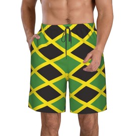 KAMQUERENCE Jamaican Flag Men's Swim Trunks Men's Swimsuit Quick Dry Board Shorts with Mesh Lining Beach Shorts Large