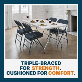 OEF Furnishings OEF1300 Series Premium Heavy Duty Vinyl Padded Folding Chairs with Triple Brace Support, 500 lb Capacity, Comfortable Cushion Seat and Back (4-Pack, Midnight Blue)