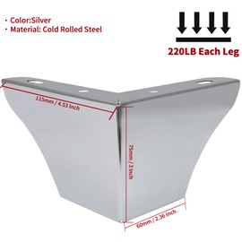Cjueiom 7.5cm / 3 Inch Furniture Legs Set of 4, Modern Silver Metal Legs for Sofa, Table, Wardrobe & Cabinet