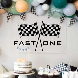 Fast One Racing Checkered Flag Birthday Party Backdrop, Round Arch Wall Sticker, Round Arch Sticker, Birthday Party Supplies，Black and White