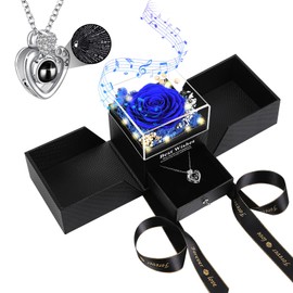 NERCHVO Preserved Real Rose Gift Box with Necklace, Eternal Flowers Rose Birthday Gifts Music Box for Her Mom Wife Grandma Girlfriend on Valentines Mothers Day Christmas Anniversary (Blue)