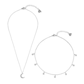 Happiness Boutique Women's Moon and Star Jewellery Set in Silver Colour 2-Piece Delicate Necklace with Crescent Moon Pendant and Choker Necklace, Stainless Steel