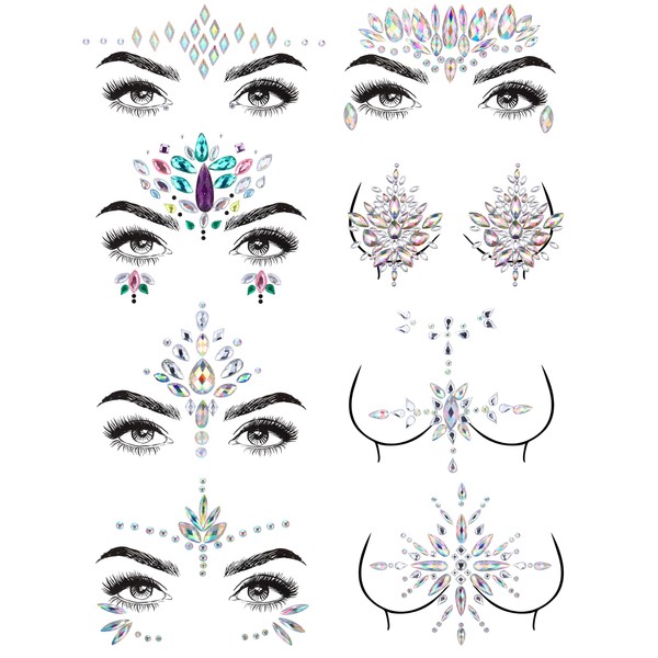 Finrezio 6Pcs Face Gems Stickers Rhinestones Makeup Gems for Eyes Face Jewels Stick on Rave Mermaid Costume Accessories Eyes Face Body Temporary Tattoos Festival Party