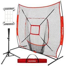 BaseGoal 7'×7' Baseball Softball Practice Net,Baseball Backstop,with Batting Tee,for Hitting Pitching Batting Catching with Bow Frame,Bonus Strike Zone,Carry Bag (7*7 Red net and tee)
