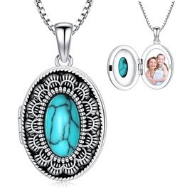 QHQPQ Picture Locket Necklace Mothers Day Gifts for Mom 925 Sterling Silver Turquoise Photo Locket Pendant Vintage Memorial Jewellery Gifts for Women Girlfriend Men