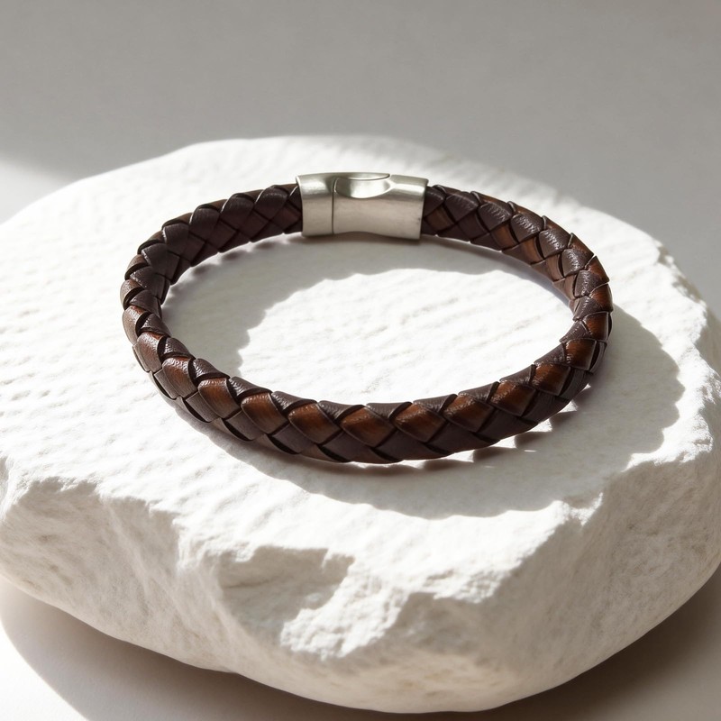 Silverso Men's Leather Bracelet with Stainless Steel Clasp，8.2" Brown Woven