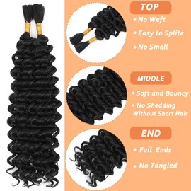 Human Braiding Hair Mix Synthetic Boho Hair for Braiding, 18 Inch Wet and Wavy Braiding Hair 2 Pcs Deep Wave Bulk Hair for Braiding Curly Bohemian Hair Extensions (1B, 20INCH)