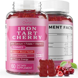 OALSE Tart Cherry Iron Supplement for Women & Men, Iron Gummies with Calcium, Zinc, Folate & Vitamin C & B12 for Immune Support, (60 Count) - Sugar Free,Vegan