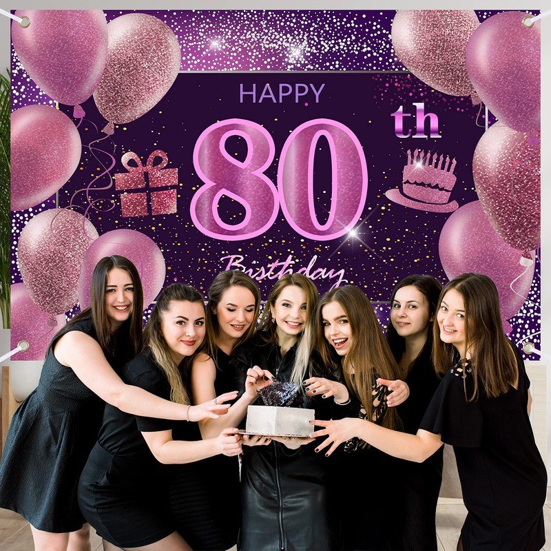 80th Birthday Decorations IMISI Happy Birthday Banner Pink Birthday Backdrop