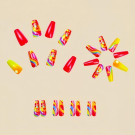 Long Press on Nails Coffin Shape Fake Nails with Rainbow Color Designs Glossy False Nails Colorful Dots Glue on Nails Nude Pink Acrylic Stick on Nails for Women Girls DIY Manicure Kit 24Pcs
