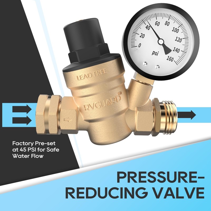 RVGUARD RV Water Pressure Regulator Valve, Brass Lead-Free Adjustable Water