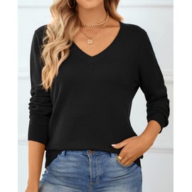 QUALFORT Sweaters for Women 100% Cotton Sweater V Neck Long Sleeve Knitted Jumper Tops Black Large