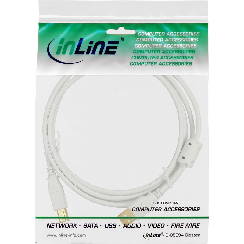InLine® USB 2.0 Kabel, InLine®, A an B, weiß/gold, mit