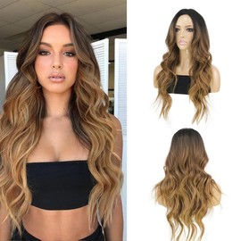 onemily Long Brown Wavy Wig for Women Middle Part Brown Blonde Curly Hair Wig Synthetic Ombre Blonde Brown Curly Long Wigs for Girls Daily Use