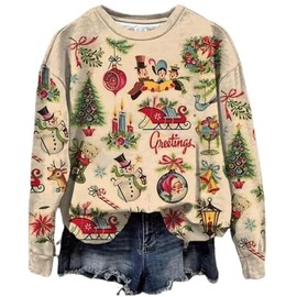 GREFLYING Vintage Christmas Shirts For Women Retro Christmas Sweatshirt Xmas Long Sleeve Lightweight Sweatshirt Pullover Tops(Multicolor,L)