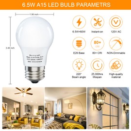 MorningLight 4 Pack A15 Light Bulbs 60 Watt Equivalent, 6.5W Soft White 3000K Light Bulb, 600 Lumens Non-Dimmable Light Bulb, E26 Base, A15 6.5W LED Light Bulbs 60 Watt for Ceiling Fan, Living Room