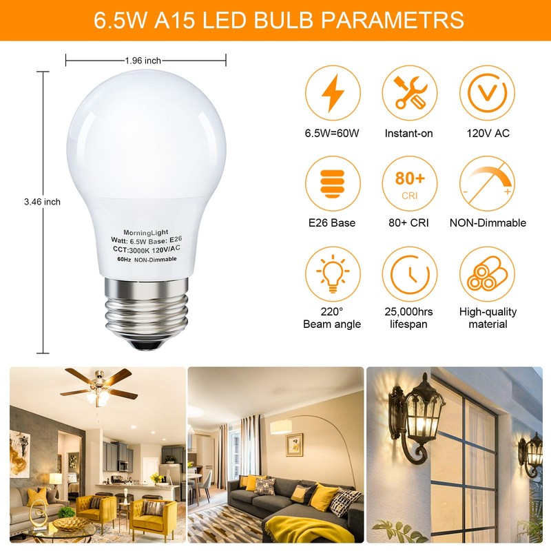 MorningLight 4 Pack A15 Light Bulbs 60 Watt Equivalent, Soft