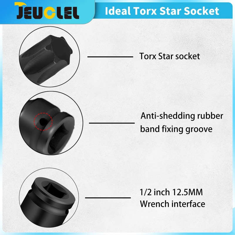 JEUCLEL T45 Torx Bit Socket, 1/2" Drive Torx Star 6