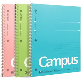 KOKUYO KOKUYO Spiral Notebook, 3 Pack Campus 10-1/2" x 8" Subject Notebooks with College Ruled, 80 Sheets, Pink Blue Green 3 Holes School Spiral Journal for Work Study Note Taking (WSG-SU-400G13)
